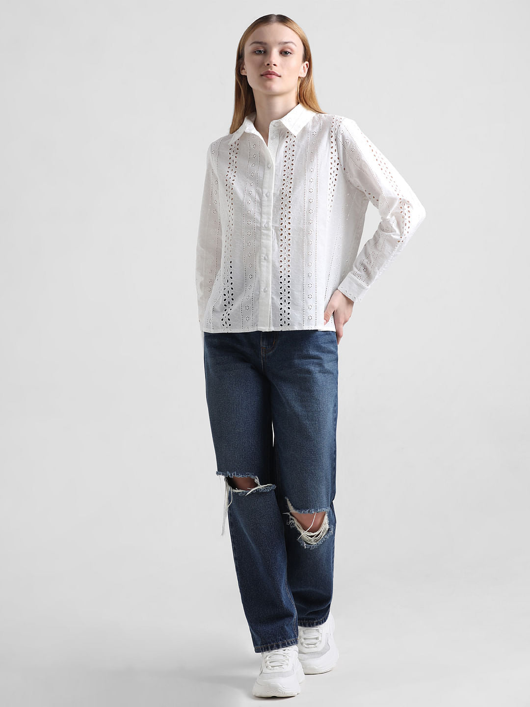 White Schiffli Detail Shirt