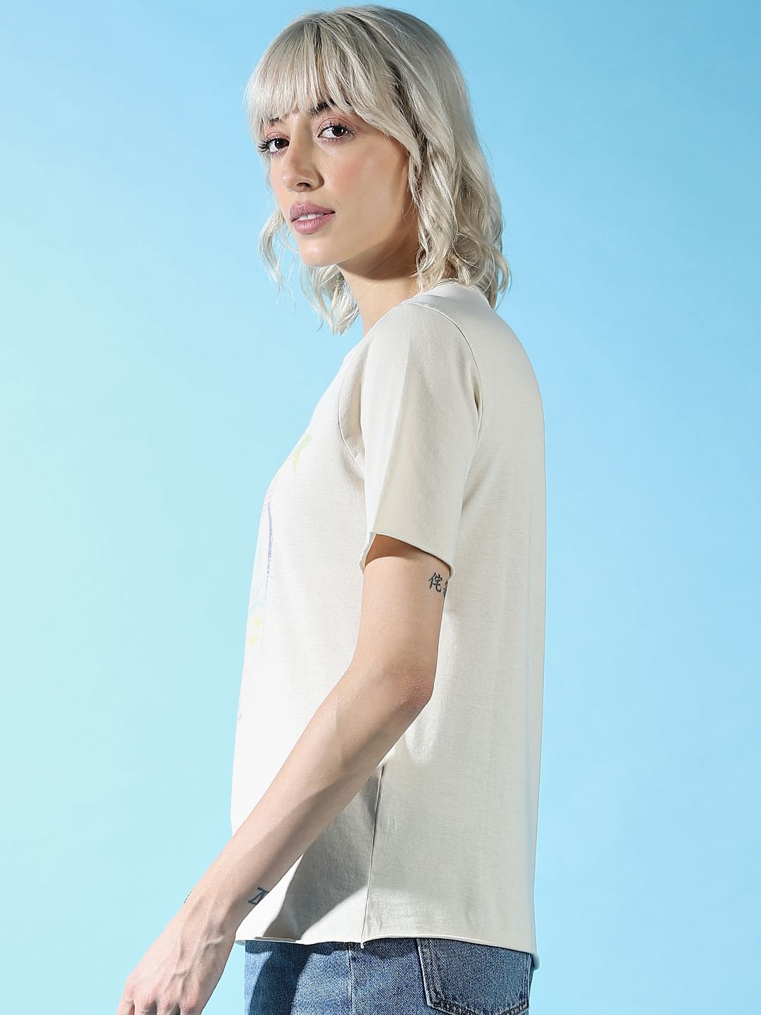 Beige Printed Washed T-Shirt