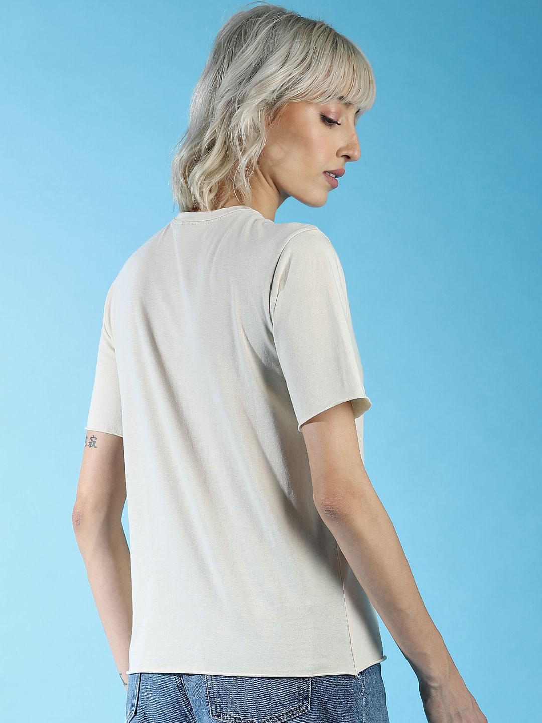 Beige Printed Washed T-Shirt