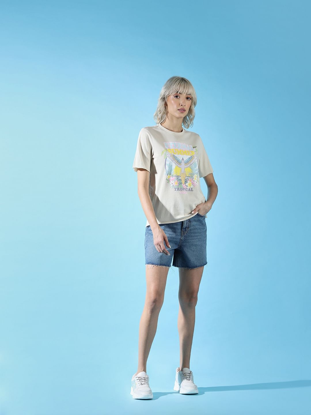 Beige Printed Washed T-Shirt