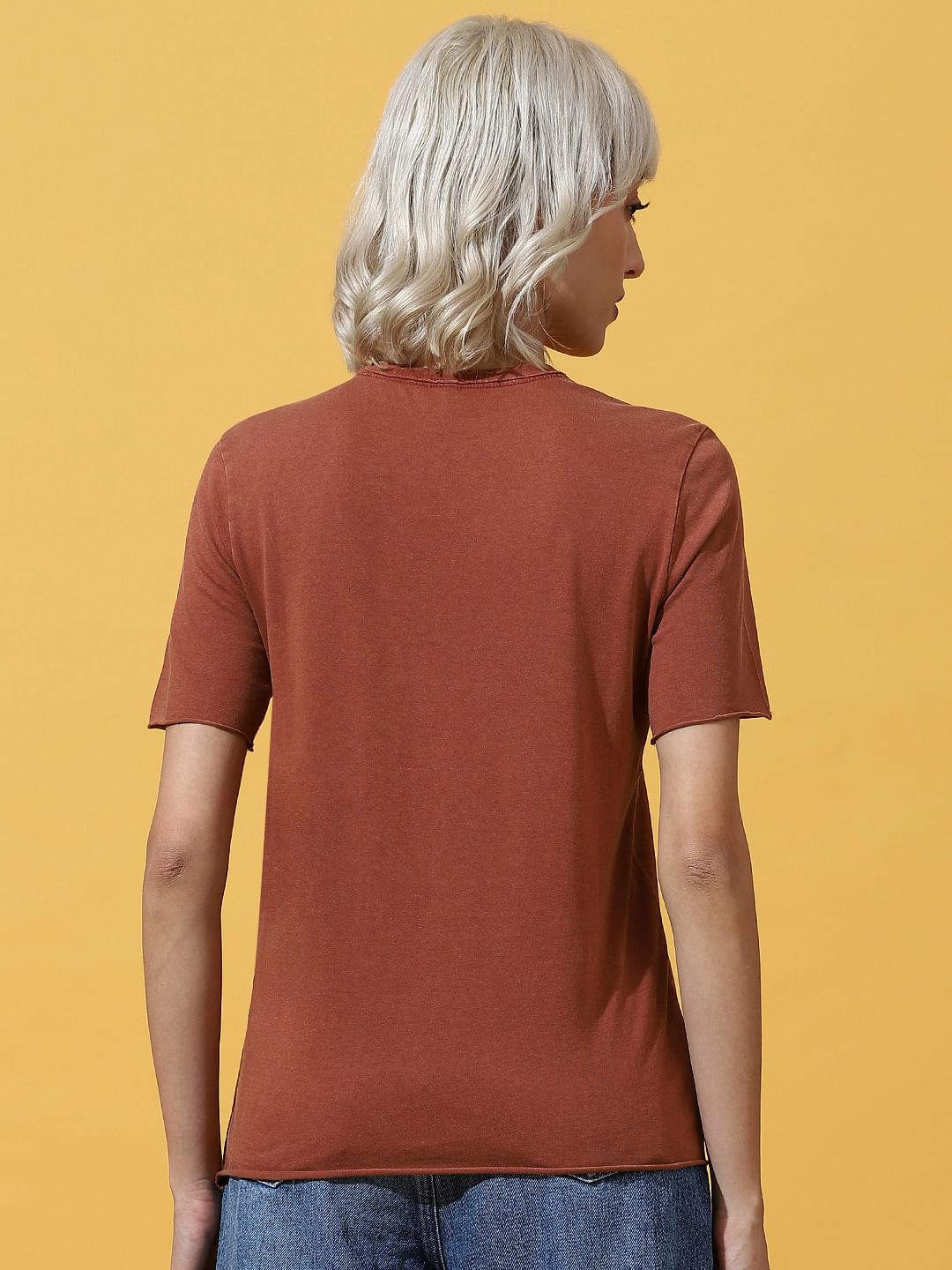 Brown Printed Washed T-Shirt