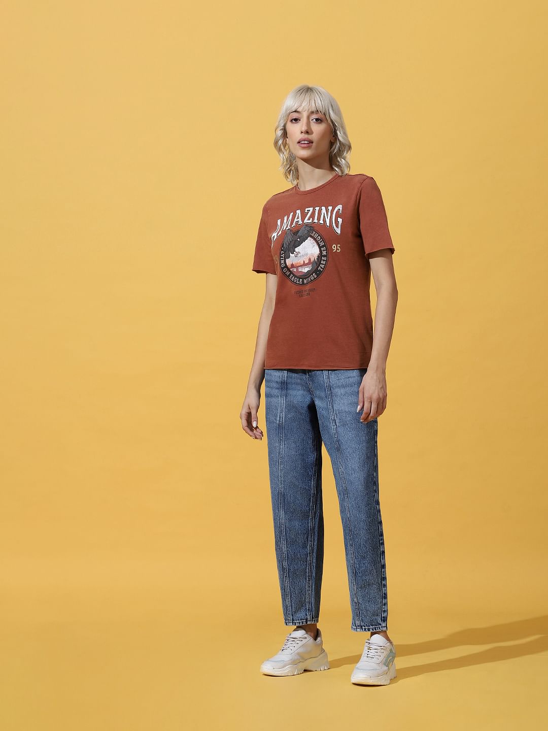 Brown Printed Washed T-Shirt