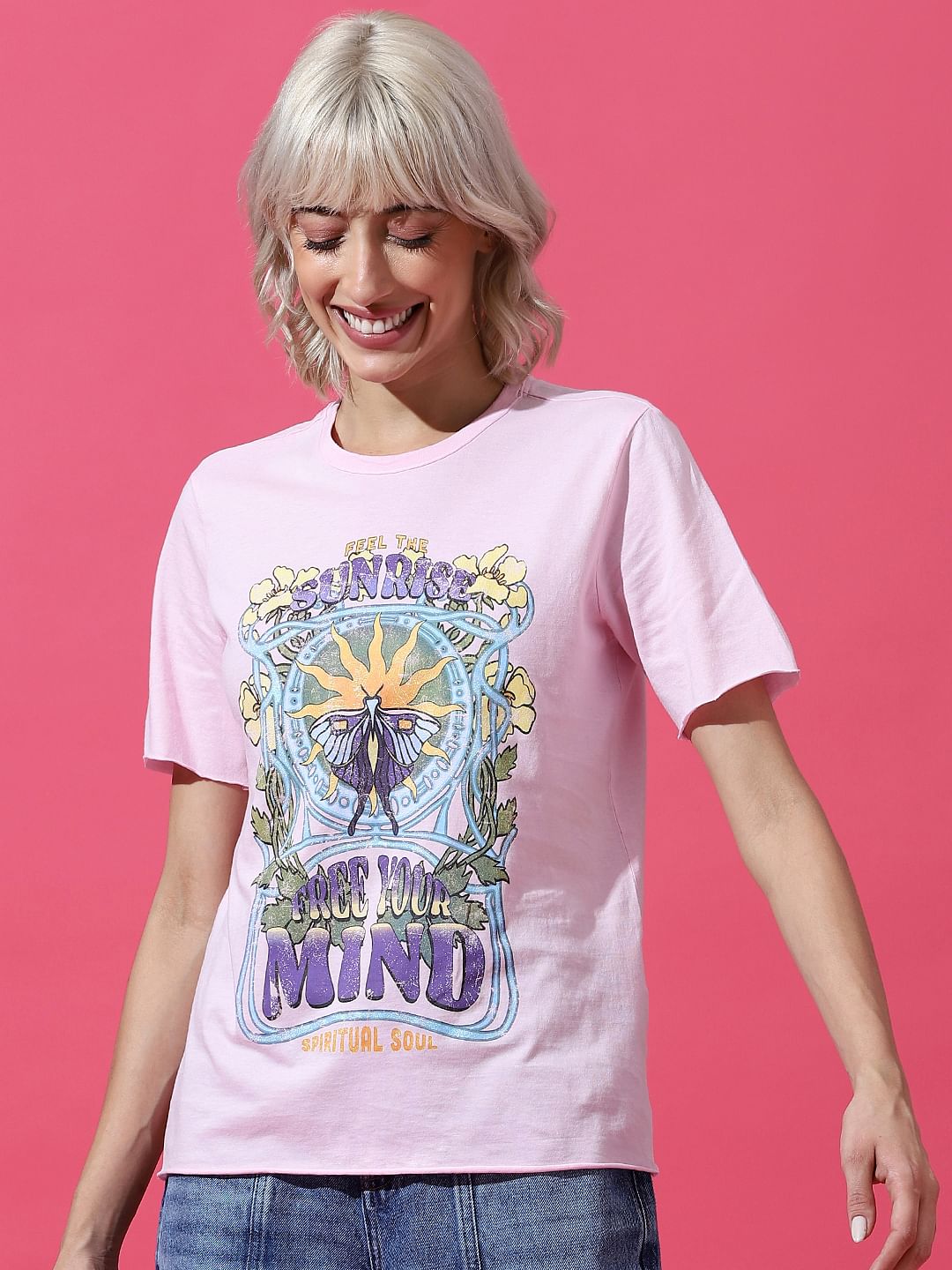 Pink Printed Washed T-Shirt