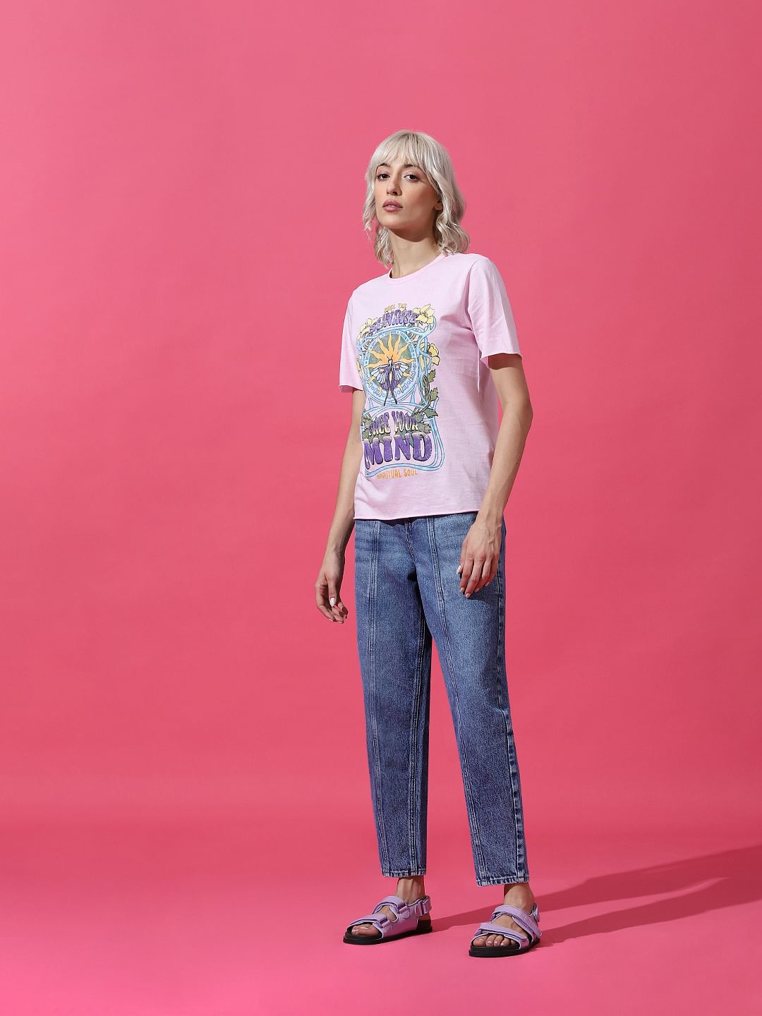 Pink Printed Washed T-Shirt