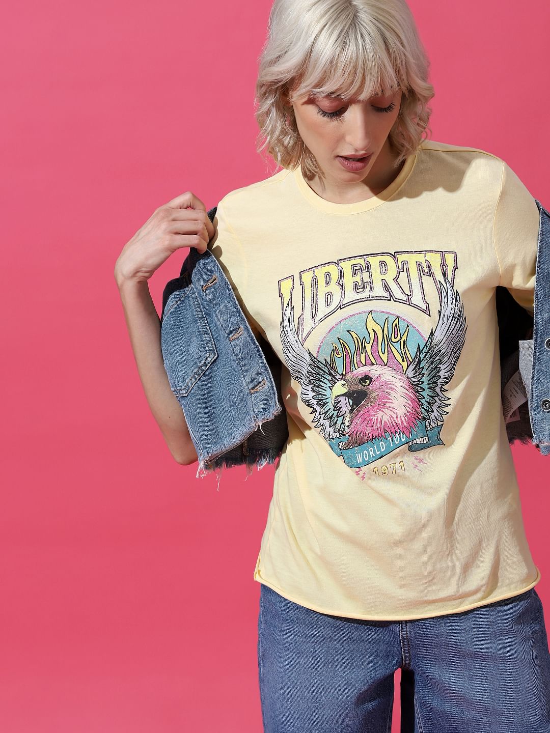 Yellow Printed Washed T-Shirt