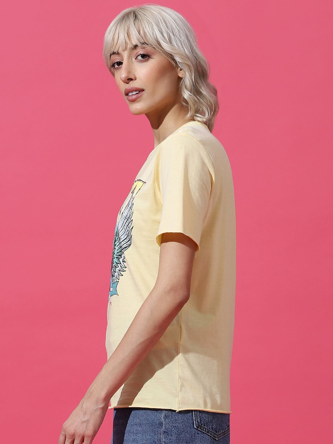 Yellow Printed Washed T-Shirt