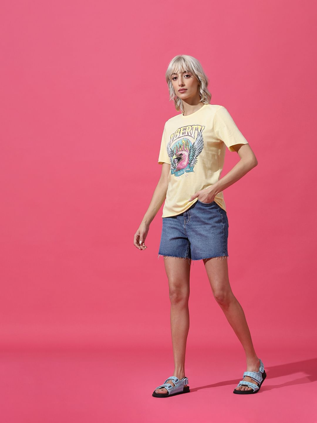 Yellow Printed Washed T-Shirt
