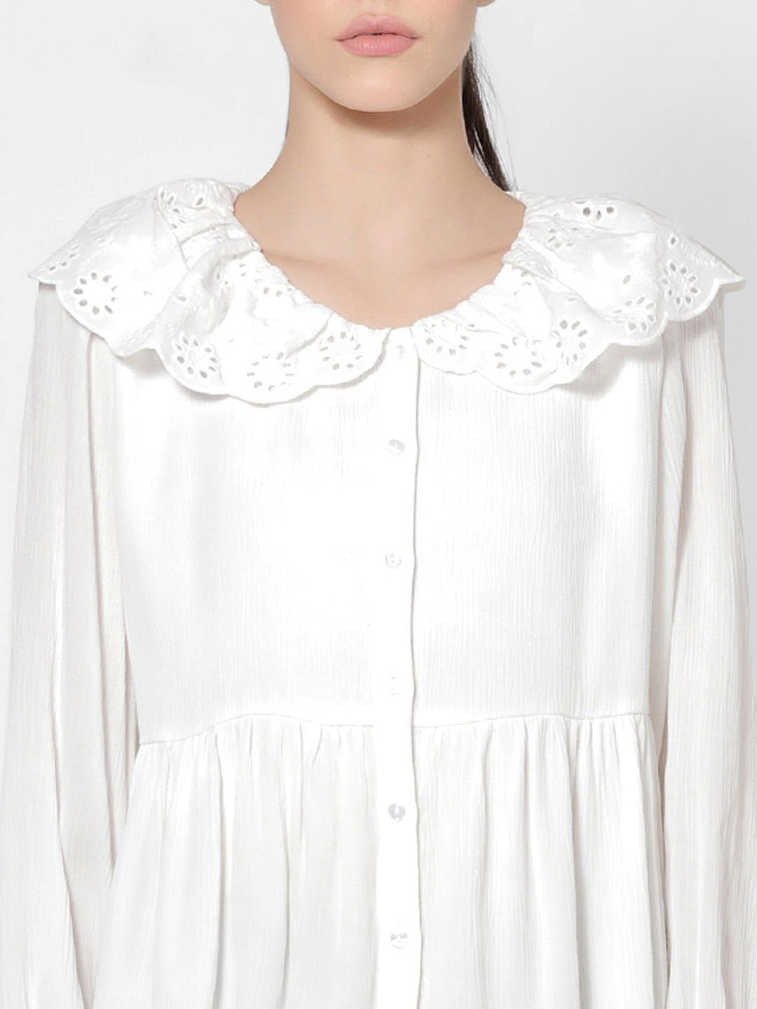 White Schiffli Collared Shirt