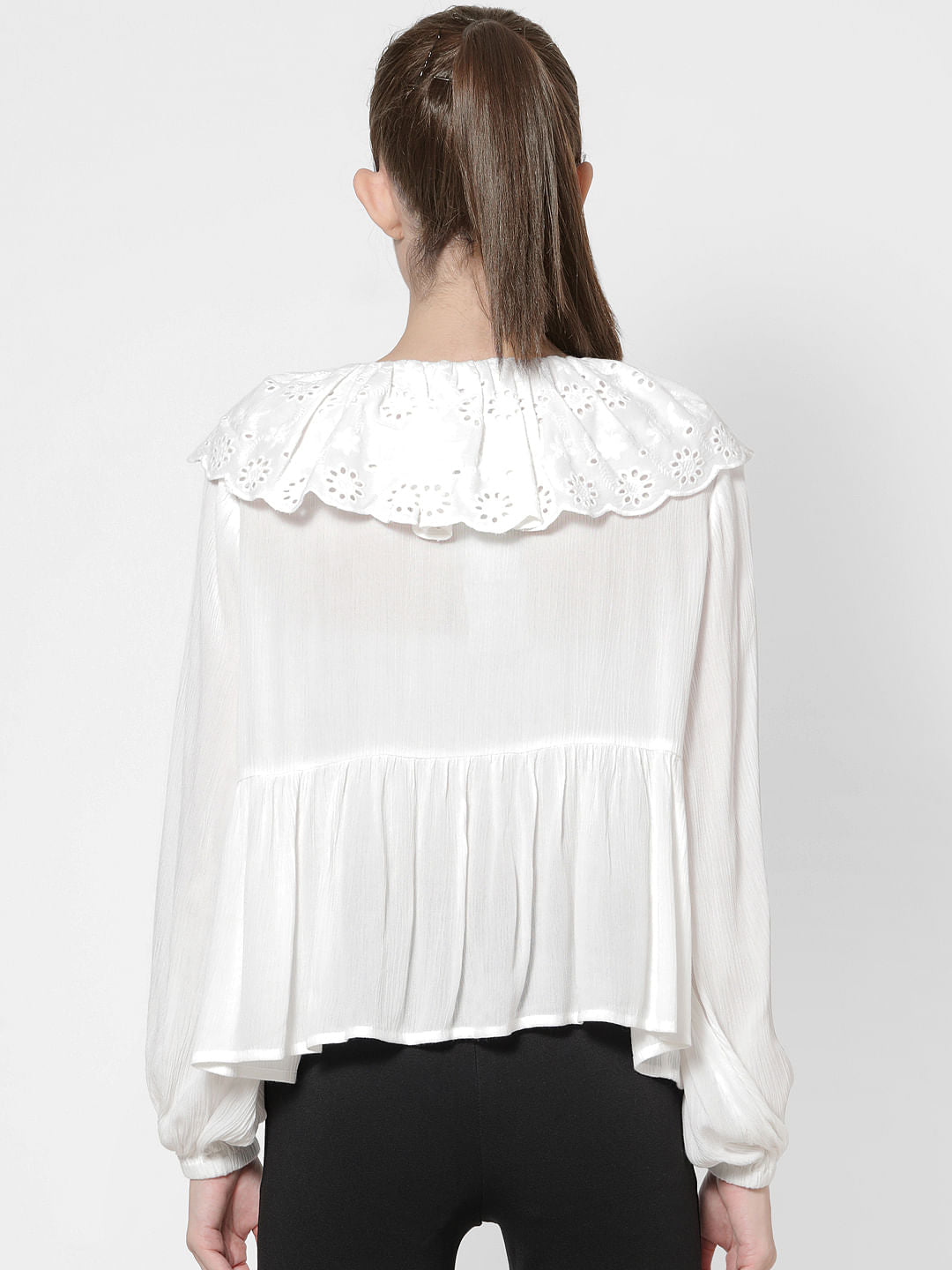 White Schiffli Collared Shirt