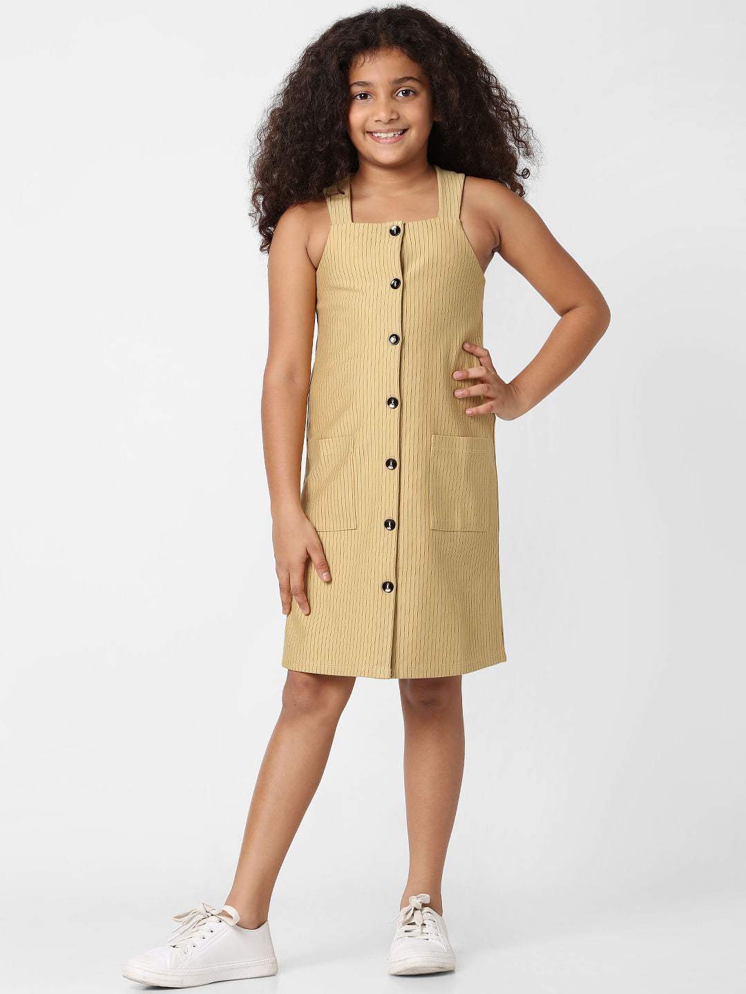 Girls Yellow Striped Button Down Dress