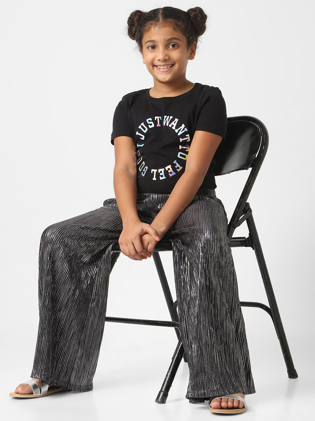 Girls Black Wide Leg Pleated Co-Ord Pants