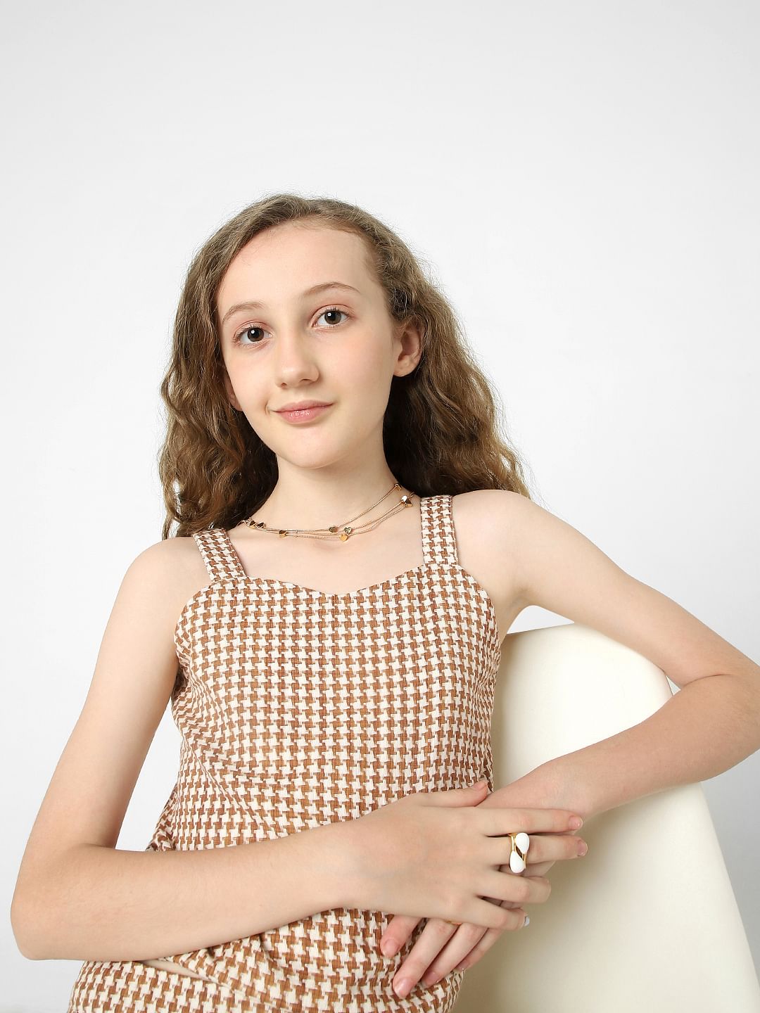 Girls White Check Print Co-Ord Top