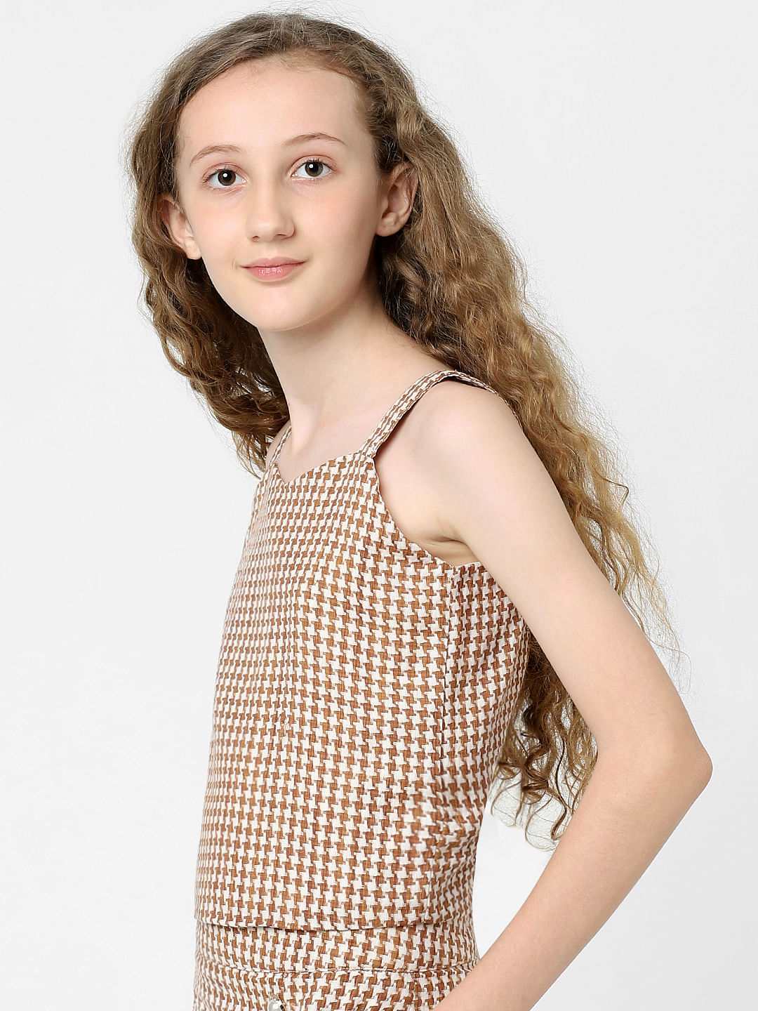 Girls White Check Print Co-Ord Top