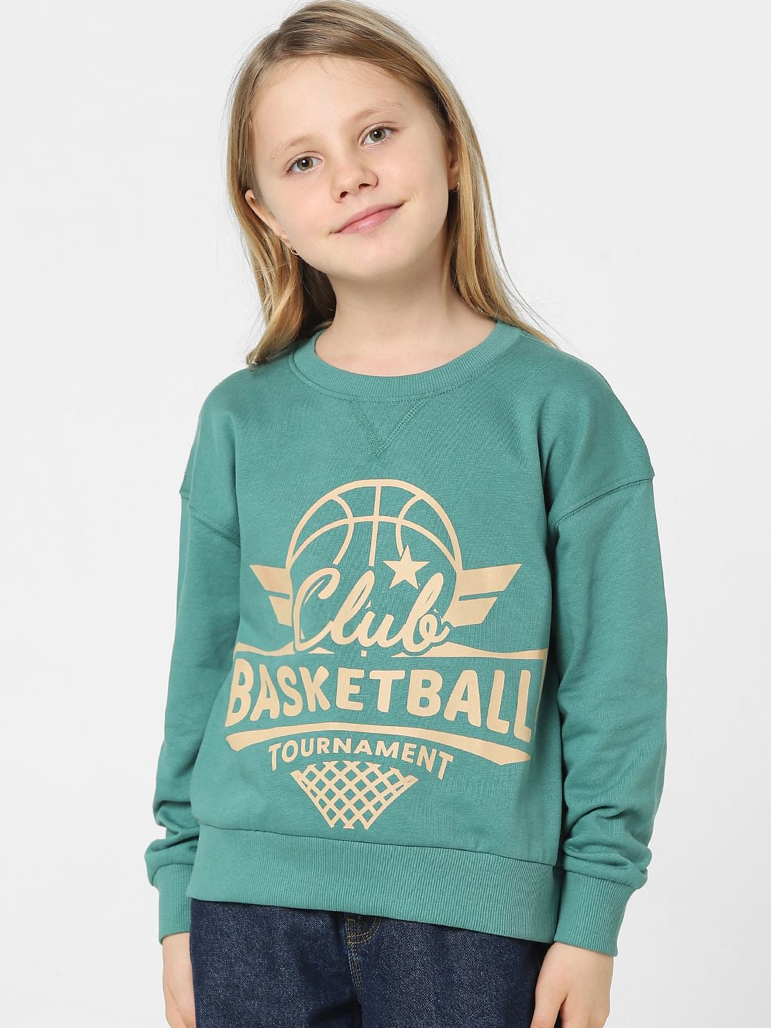 Girls Green Typographic Print Sweatshirt