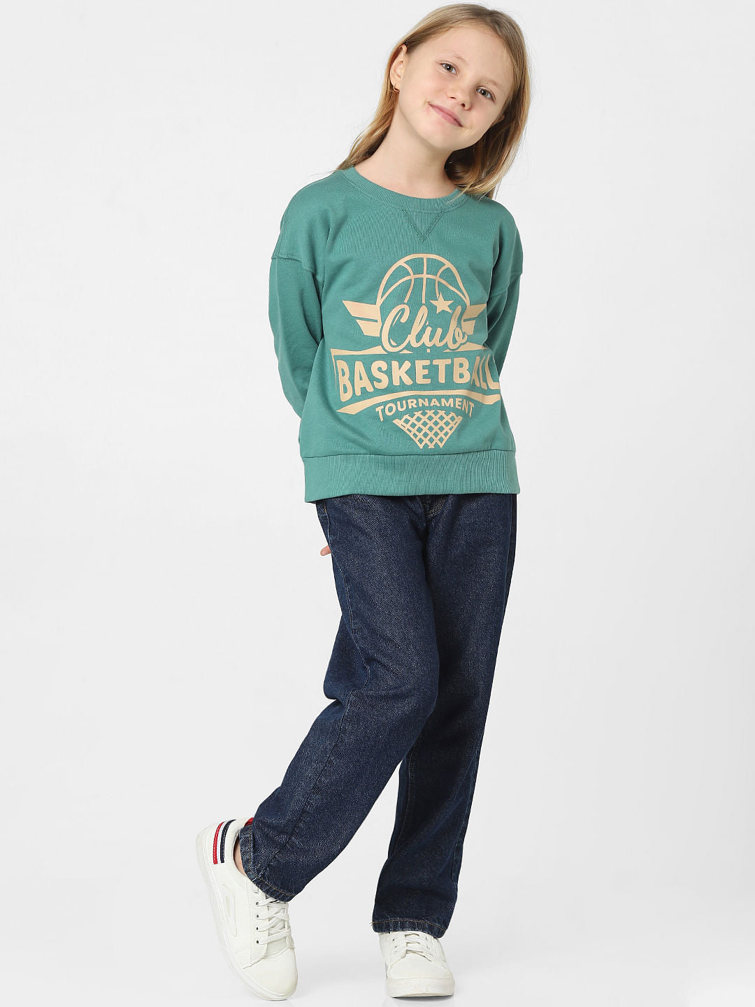 Girls Green Typographic Print Sweatshirt