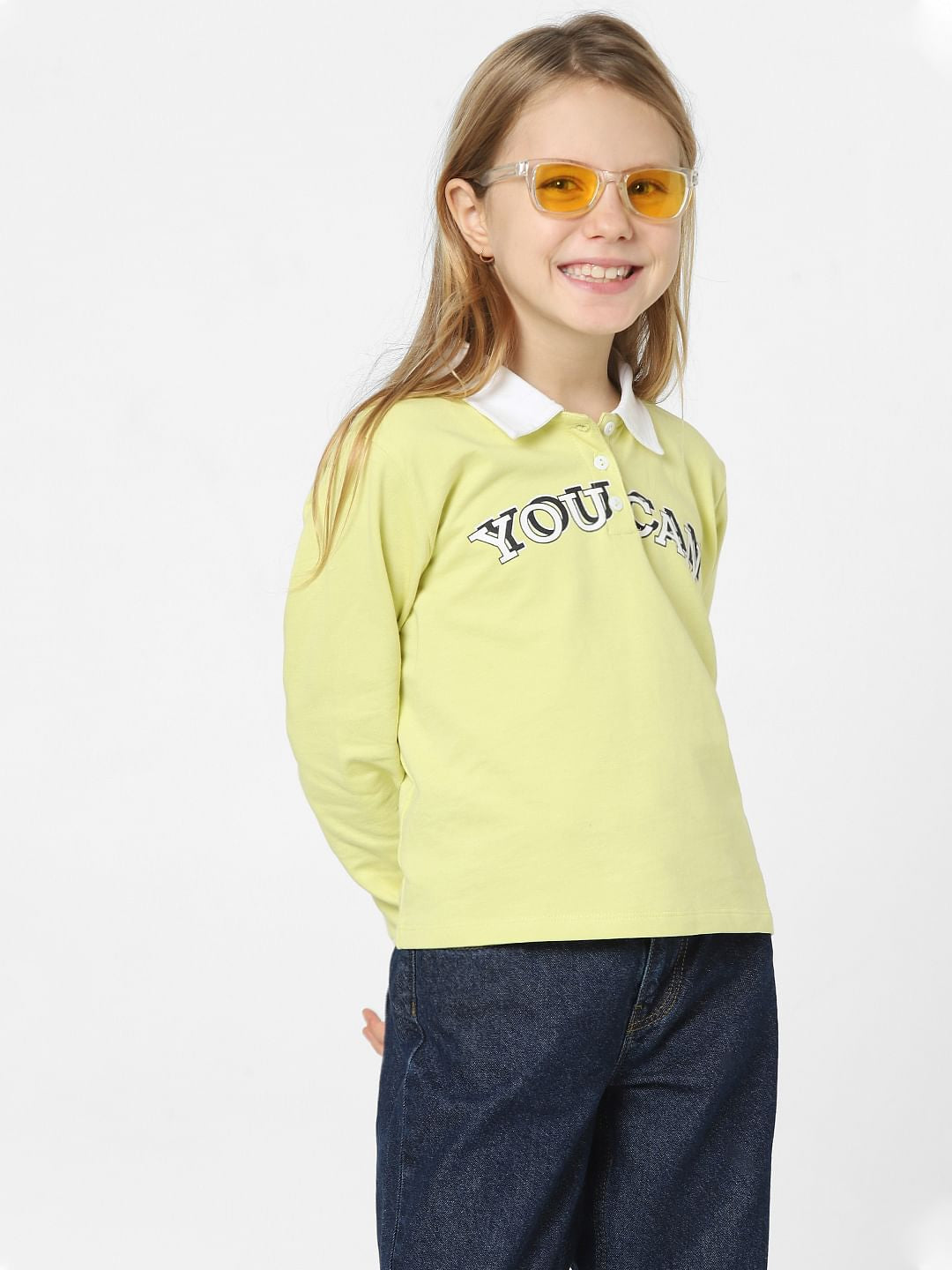 Girls Green Printed Polo Neck T-Shirt