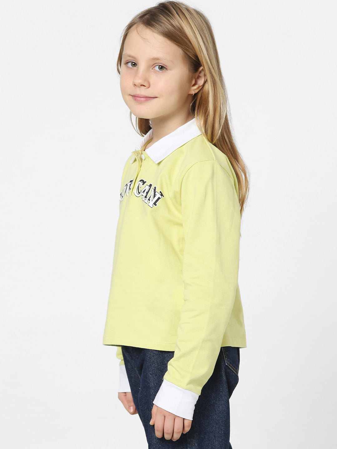 Girls Green Printed Polo Neck T-Shirt