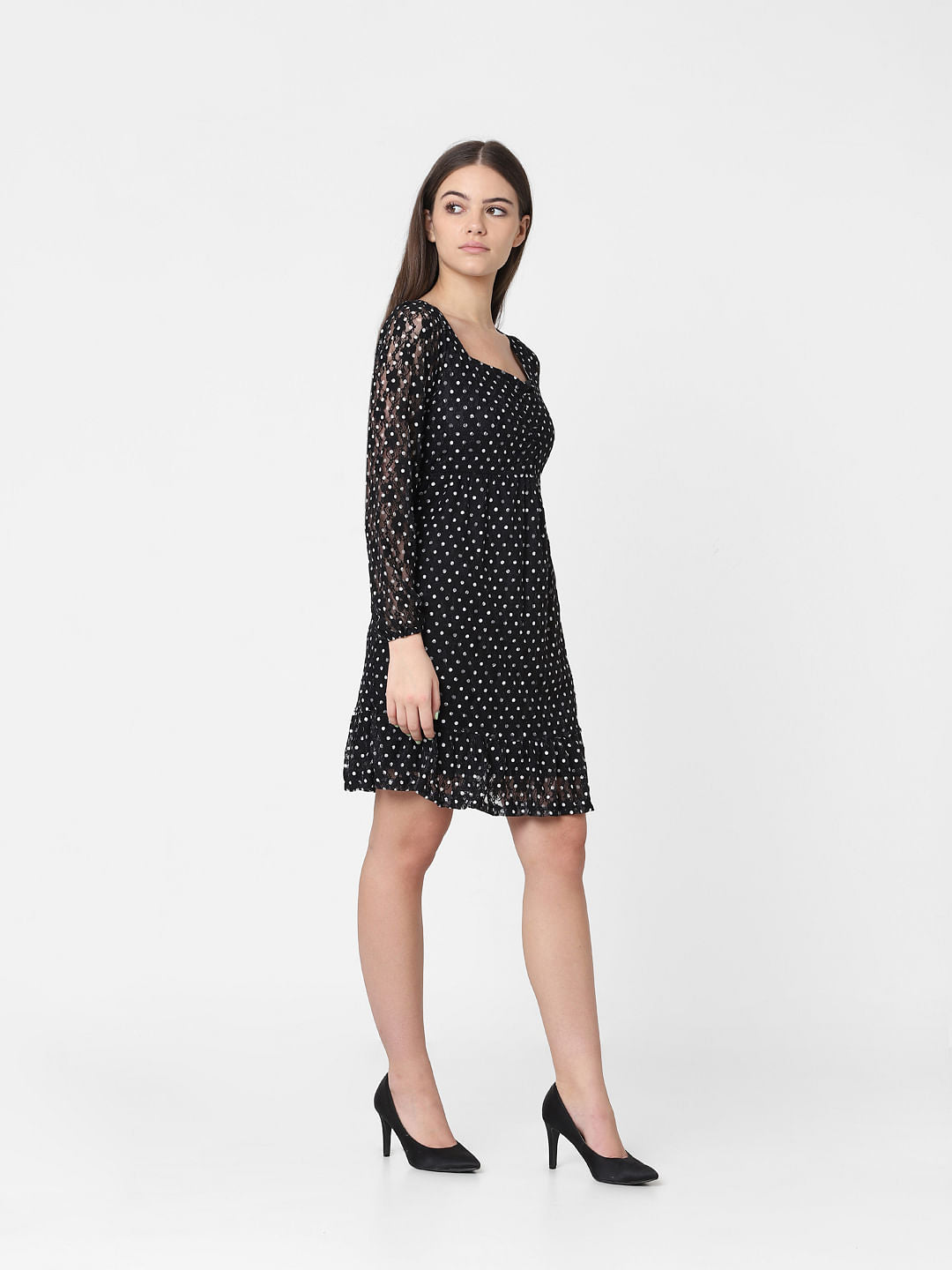 Black Dotted Fit & Flare Lace Dress