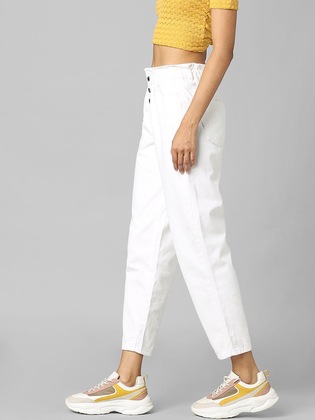 White High Rise Paperbag Baggy Jeans