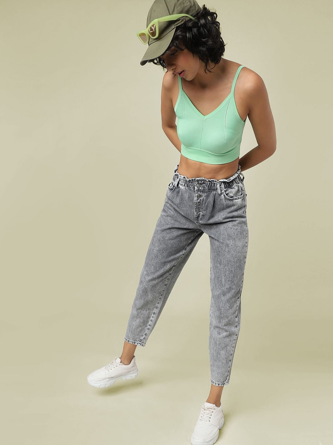 Grey High Rise Paperbag Jeans