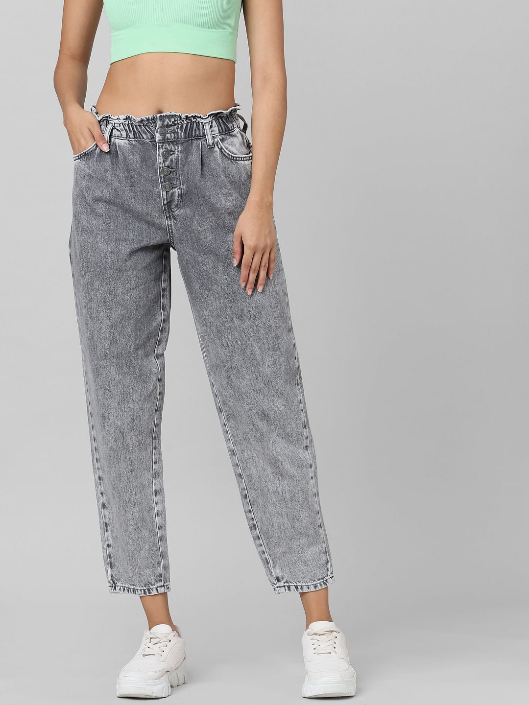 Grey High Rise Paperbag Jeans