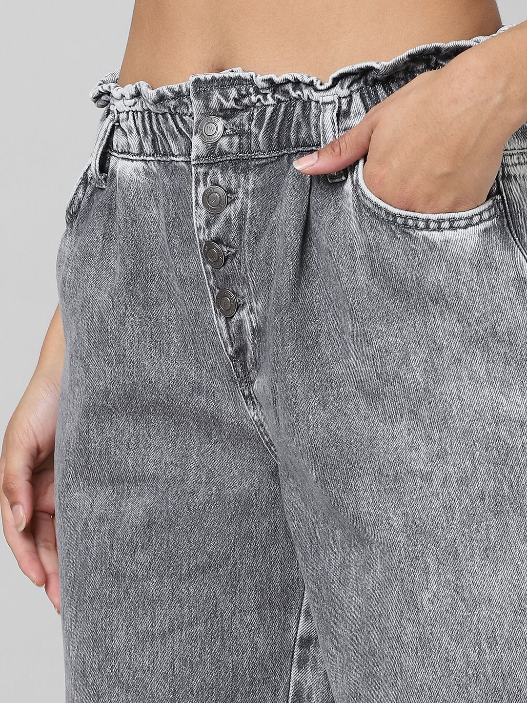 Grey High Rise Paperbag Jeans
