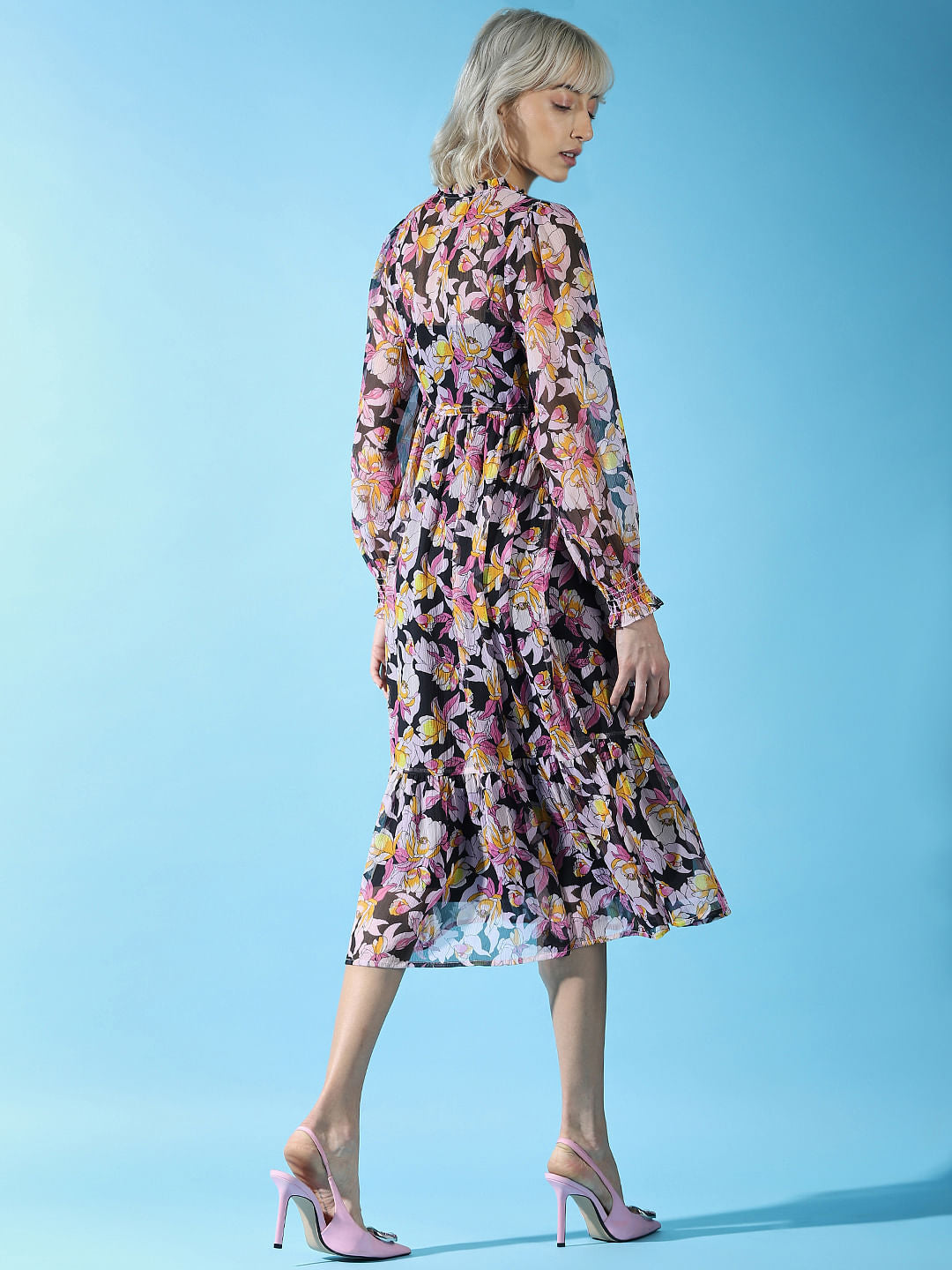 Black Floral Printed Midi Dress