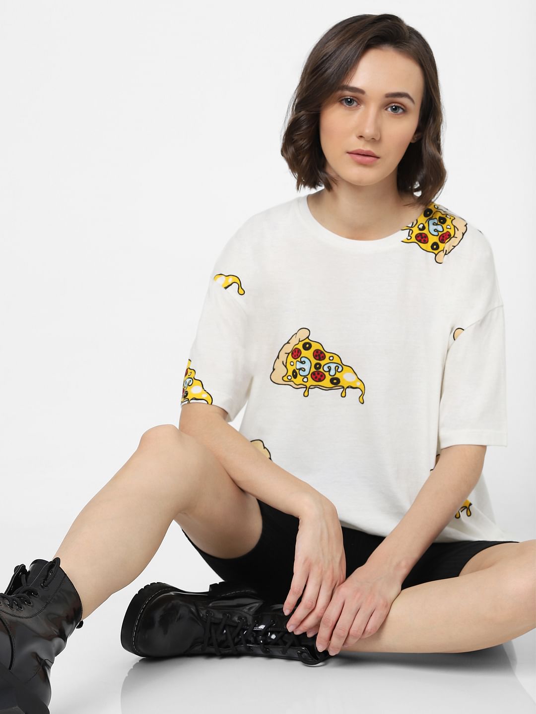 White Pizza Graphic Print T-Shirt