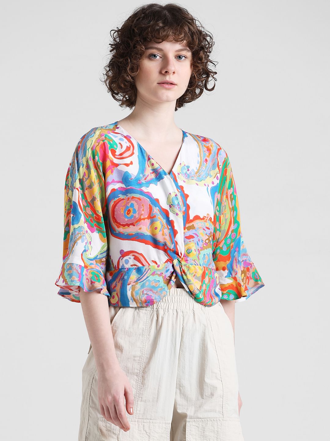 White Abstract Print Top