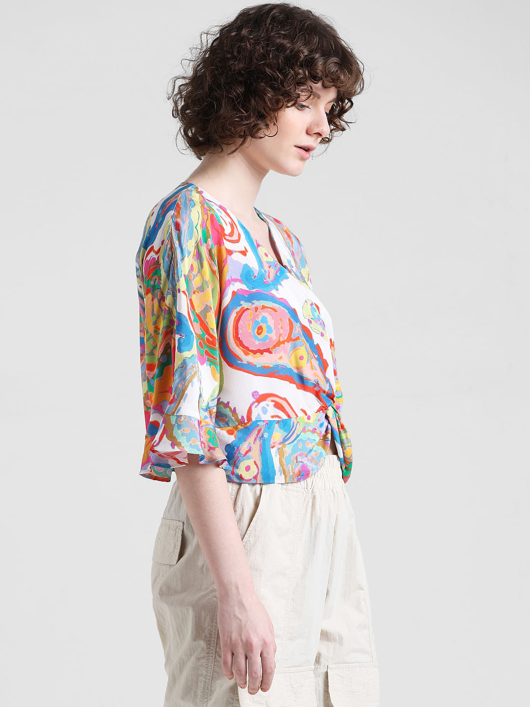 White Abstract Print Top