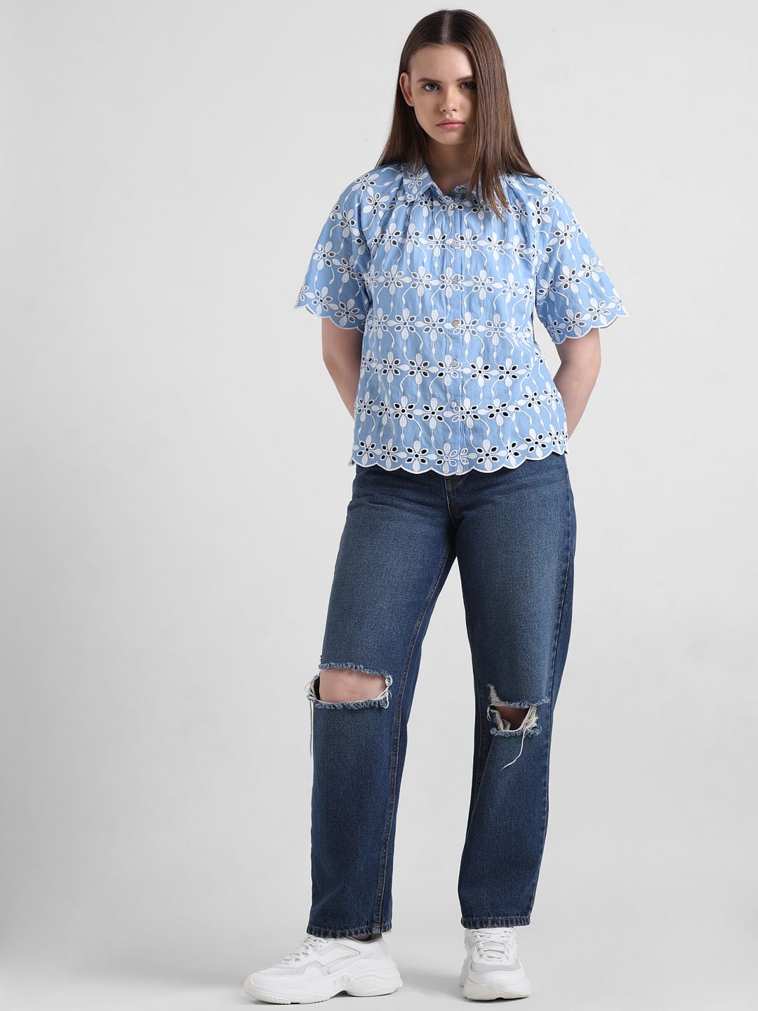 Blue Cut-Work Embroidery Shirt