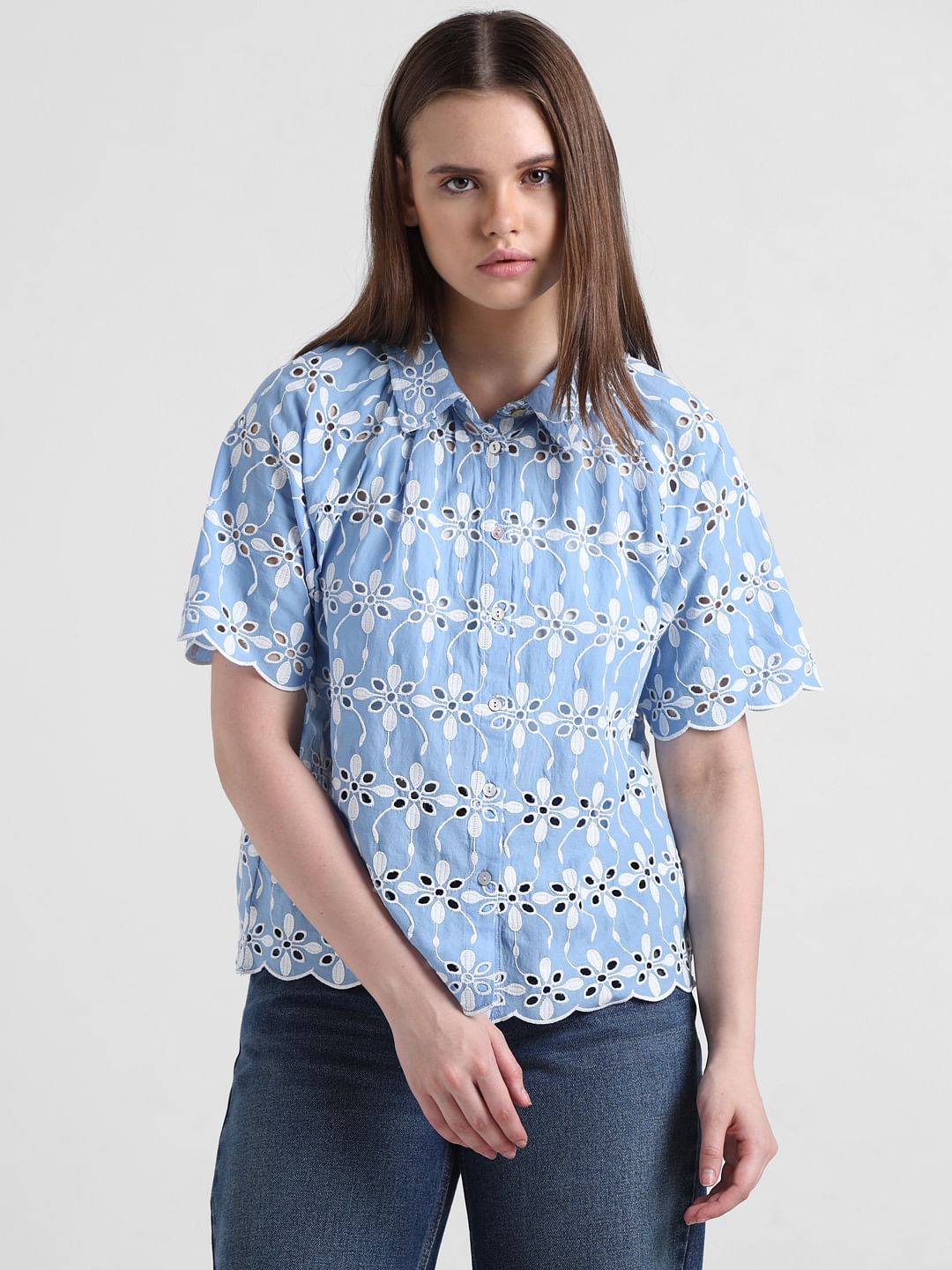 Blue Cut-Work Embroidery Shirt