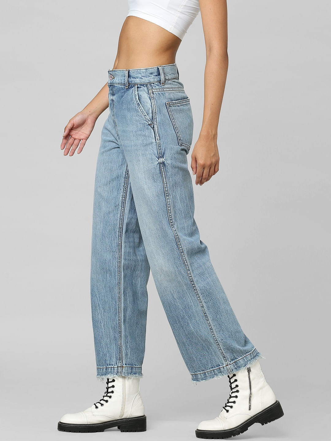 Unique Light Blue Mid Rise Wide Leg Jeans