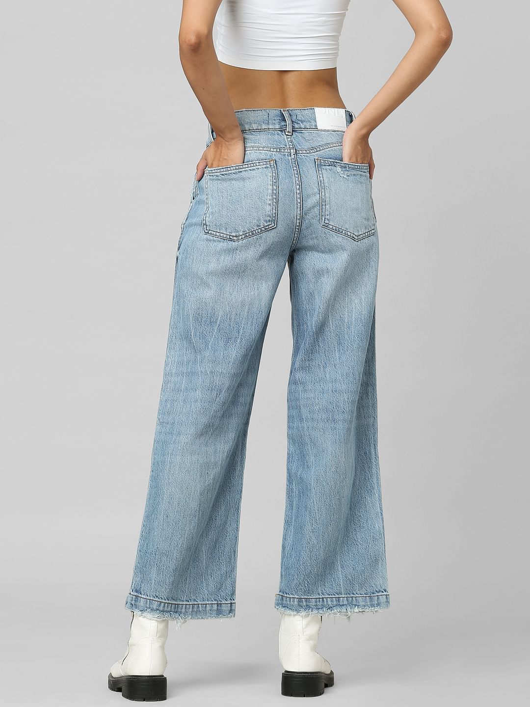 Unique Light Blue Mid Rise Wide Leg Jeans