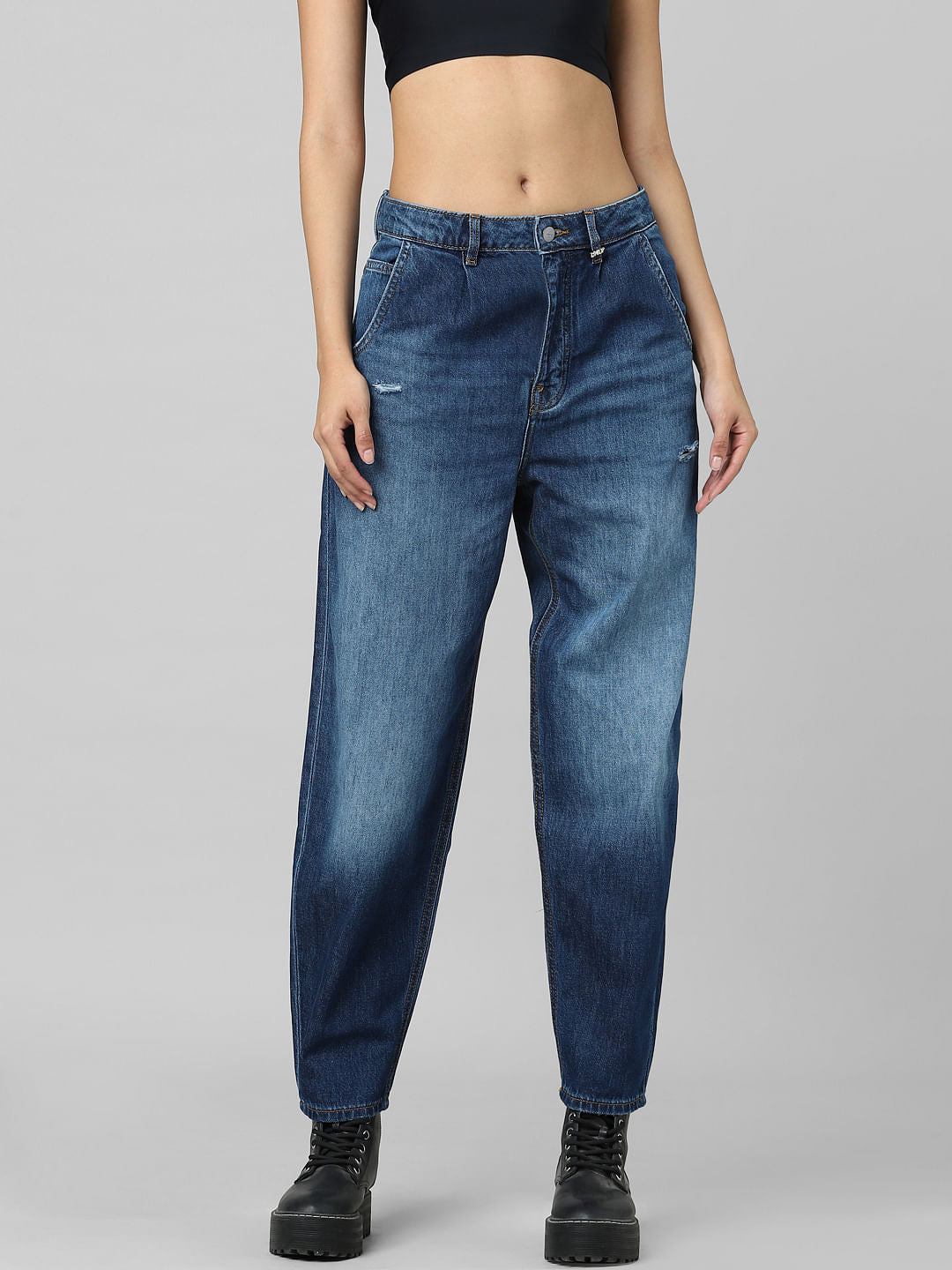 Unique Dark Blue Mid Rise Balloon Fit Jeans