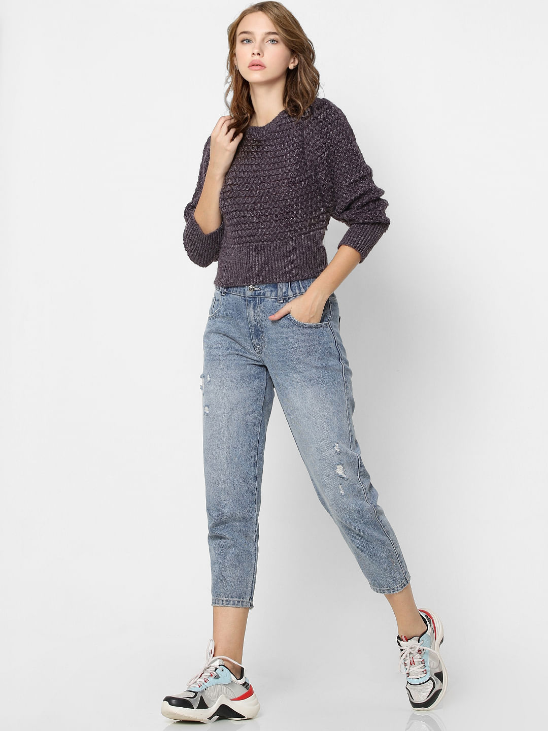 Purple Cropped Knit Pullover