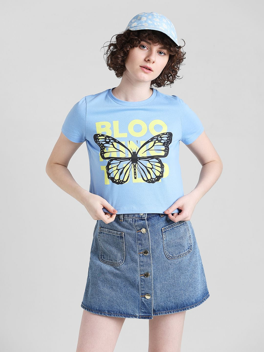 Blue Printed Cropped T-Shirt
