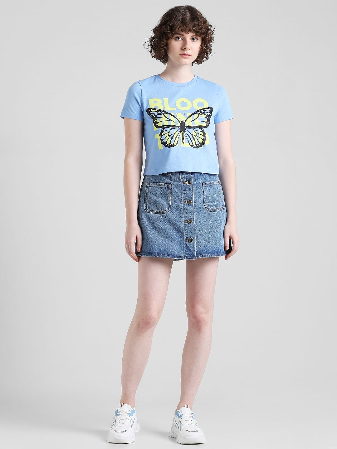 Blue Printed Cropped T-Shirt