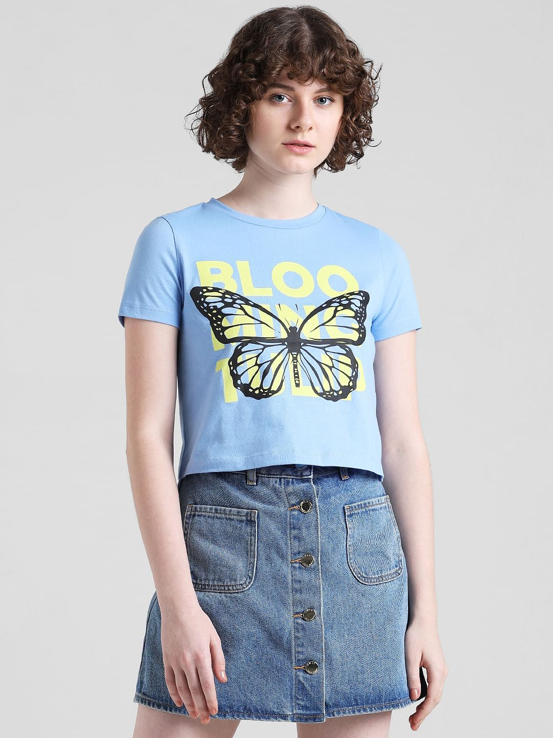 Blue Printed Cropped T-Shirt
