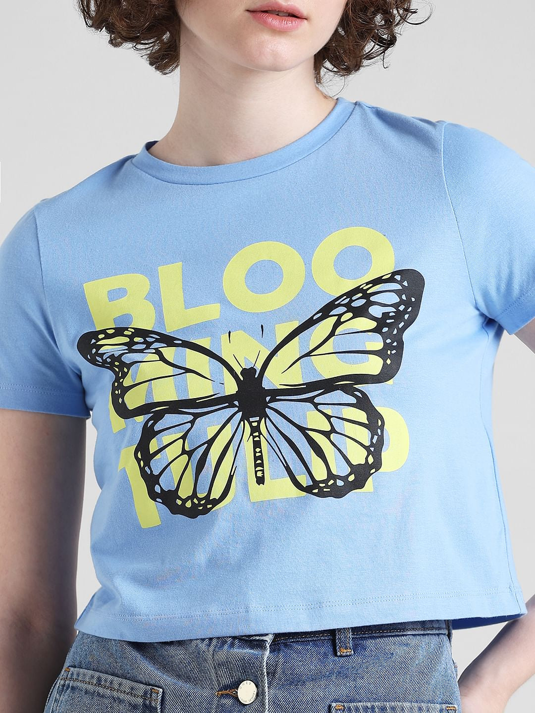 Blue Printed Cropped T-Shirt
