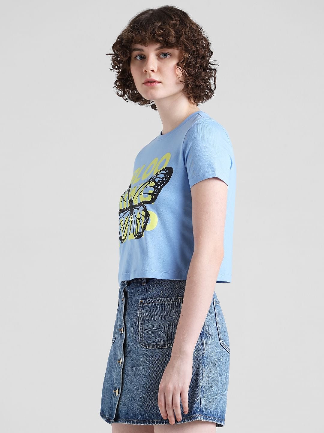 Blue Printed Cropped T-Shirt