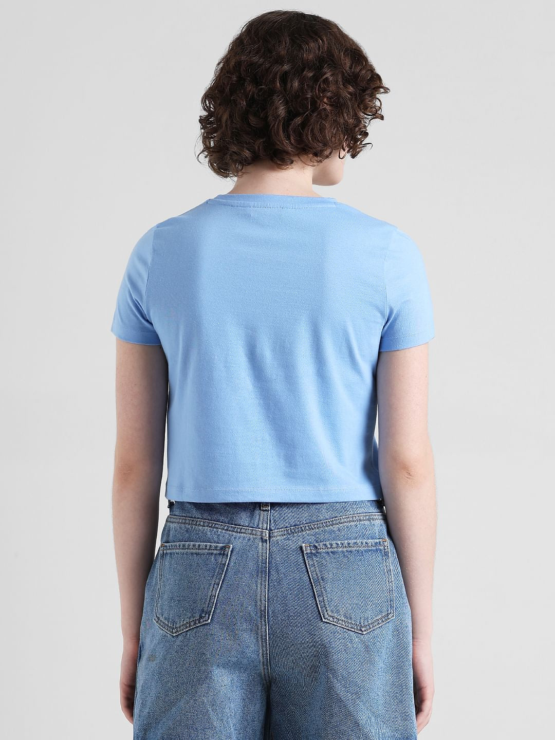 Blue Printed Cropped T-Shirt