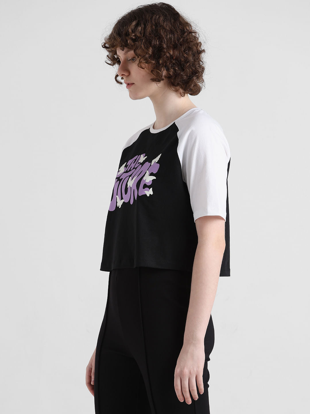 Black Colourblocked Cropped T-Shirt