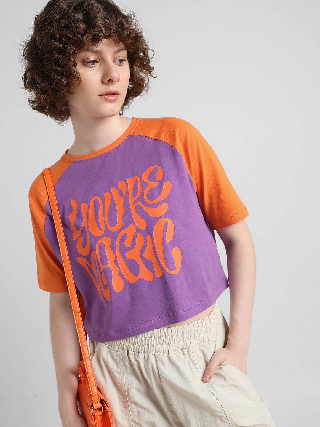 Purple Colourblocked Cropped T-Shirt