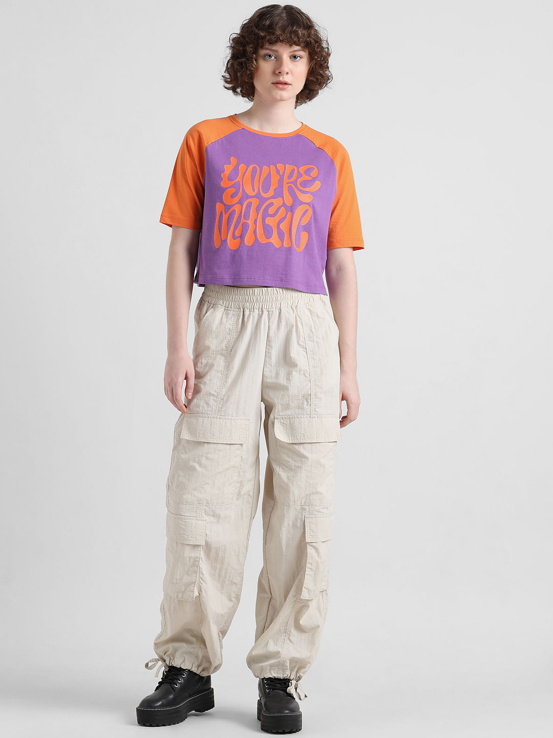 Purple Colourblocked Cropped T-Shirt