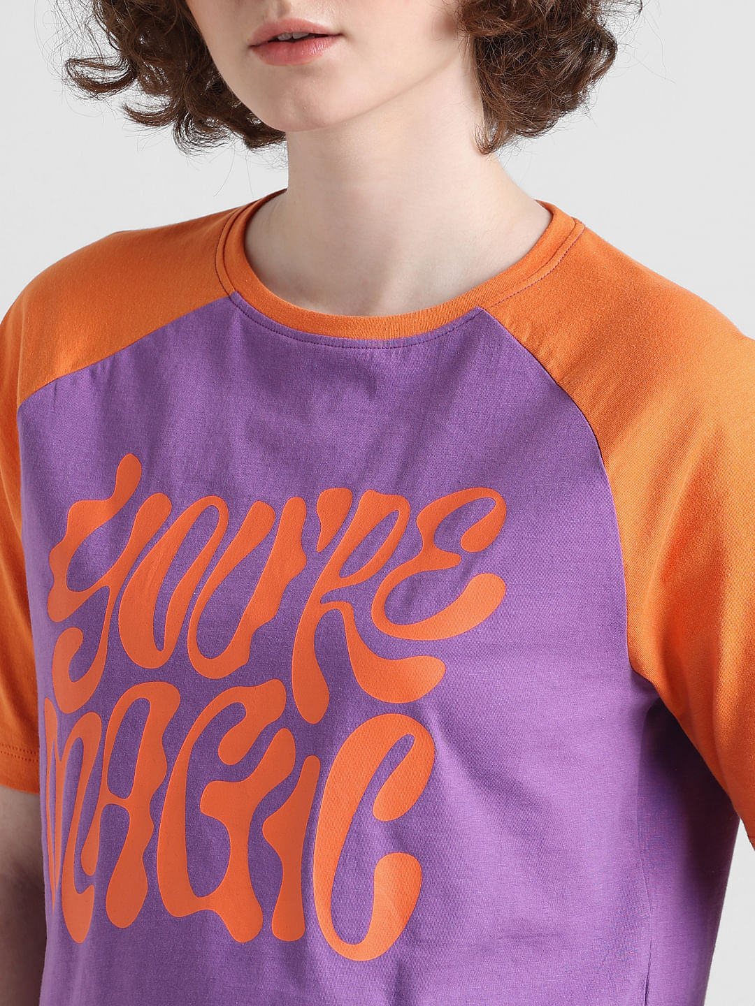 Purple Colourblocked Cropped T-Shirt