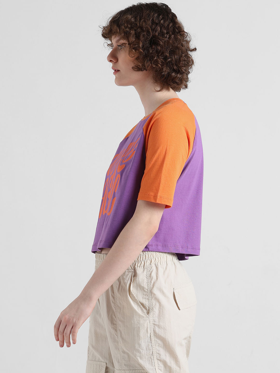 Purple Colourblocked Cropped T-Shirt