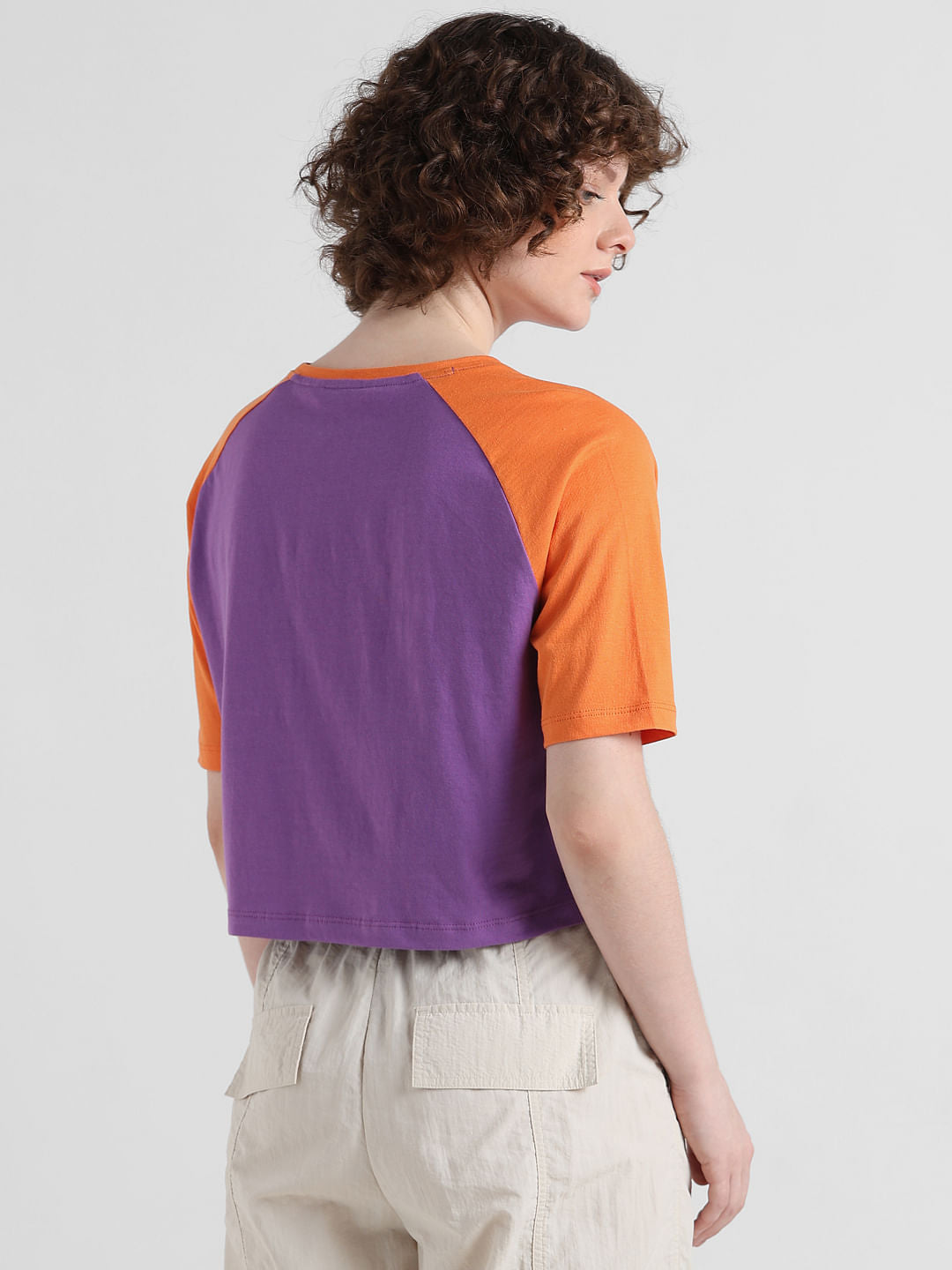 Purple Colourblocked Cropped T-Shirt