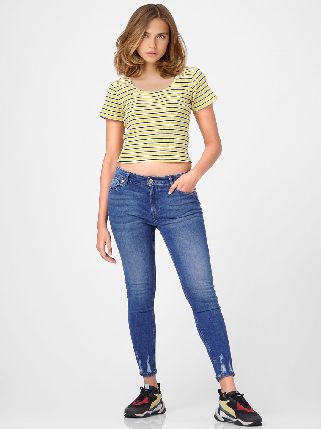 Blue Mid Rise Distressed Skinny Jeans