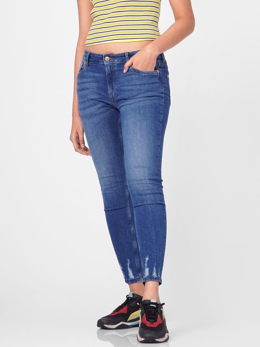 Blue Mid Rise Distressed Skinny Jeans